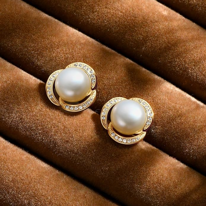 Pearl Stud Earrings 14K Gold Plated Freshwater Cultured White Pearl Jewelry Gifts