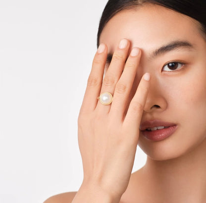 Adjustable Pearl Ring for Women – Elegant Gold Plated Open Band Ring with Simulated Pearl