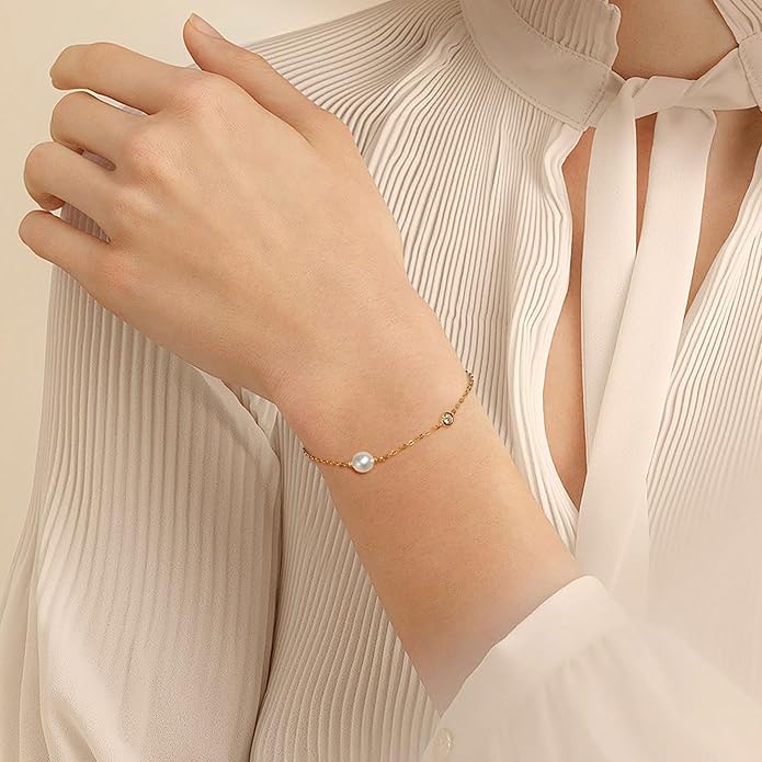 Dainty Freshwater Pearl Bracelet Delicat Sterling Silver White Pearl Link Chain Bracelets