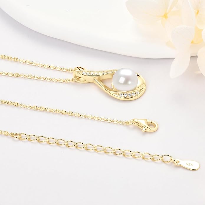 Freshwater Pearl Pendant Necklaces Sterling Silver Infinity Single Pearl Necklace with Shiny Moissanite