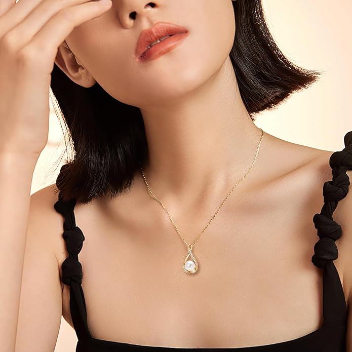 Freshwater Pearl Pendant Necklaces Sterling Silver Infinity Single Pearl Necklace with Shiny Moissanite