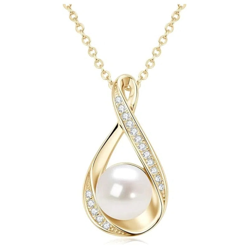 Freshwater Pearl Pendant Necklaces Sterling Silver Infinity Single Pearl Necklace with Shiny Moissanite