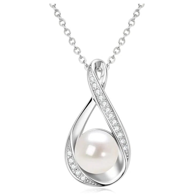 Freshwater Pearl Pendant Necklaces Sterling Silver Infinity Single Pearl Necklace with Shiny Moissanite