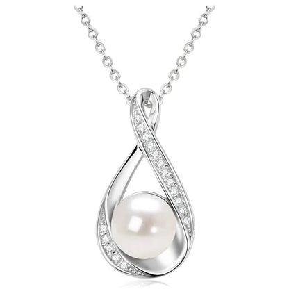 Freshwater Pearl Pendant Necklaces Sterling Silver Infinity Single Pearl Necklace with Shiny Moissanite