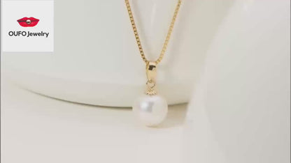 18K Gold Freshwater Cultured White Pearl Necklace Single Pearl Pendant Sterling Silver Chain