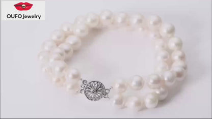 Double Row Pearl Bracelet Two Strand Freshwater Cultured White Pearl Bracelets