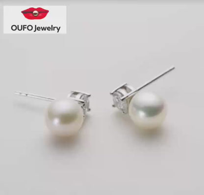 Pearl Stud Earrings June Birthstone Freshwater Cultured Shell White Pearl Drop Silver Earrings